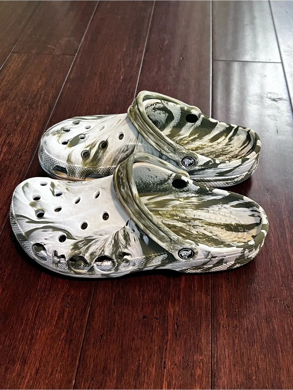 CROCS Marble White and Olive Green Classic Clog, See Pic For Imperfections